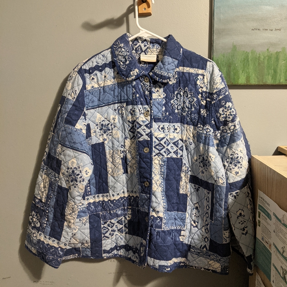 Blue quilted patchwork jacket sweater